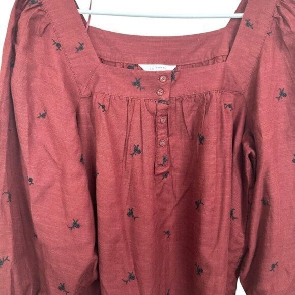 Lauren Conrad Women SZ M Square Neck Embroidered Long Sleeve Blouse Maroon - Picture 11 of 14